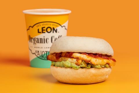 Leon halloumi & avo breakfast sandwich with coffee