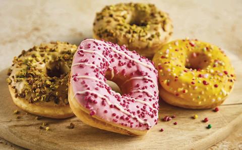 Morrisons pink, yellow, and pistachio doughnuts