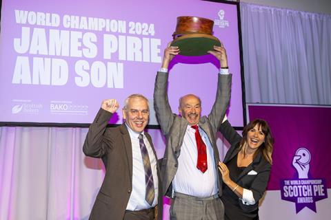 Alan Pirie of James Pirie & Son is presented the Scotch Pie Awards trophy by host Carol Smilie 2100x1400