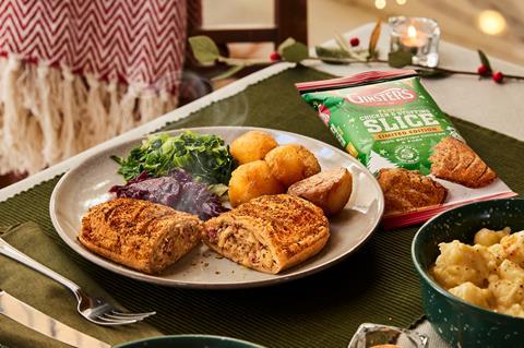 A Ginsters festive slice served with vegetables and roast potatoes
