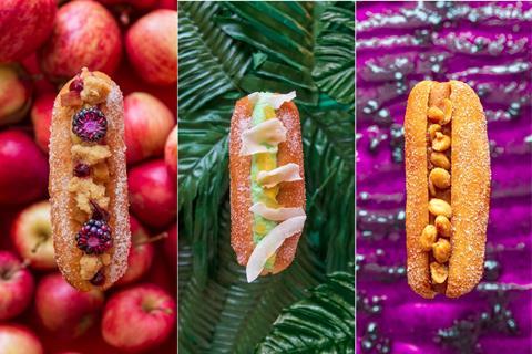 Finger doughnuts topped with apple & blackberries, pandan & coconut, and peanut butter & jam