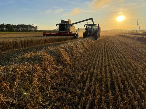 A combine harvester collecting wheat from a field in Northumberland on a sunny summer's evening
