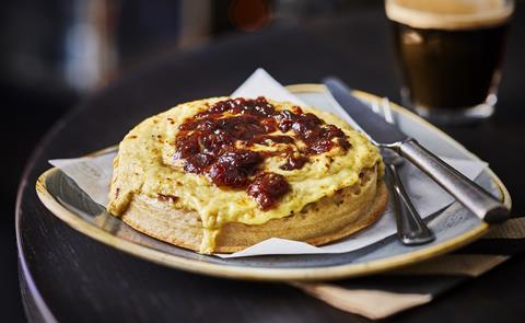 A giant crumpet smothered in melted cheese and festive chutney