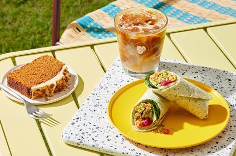 Falafel wrap, Gingernut Loaf Cake, and Oat Iced Latte