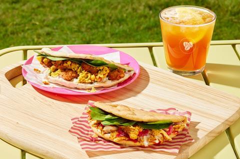 Chicken Shawarma Wrap and Tandoori Bhaji Wrap with a Peach Iced Tea