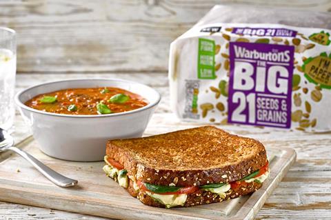 Soup, toasted sandwich and Warburtons Seeds & Grains loaf