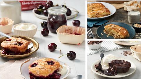 Puddings, including apple pie, on plates