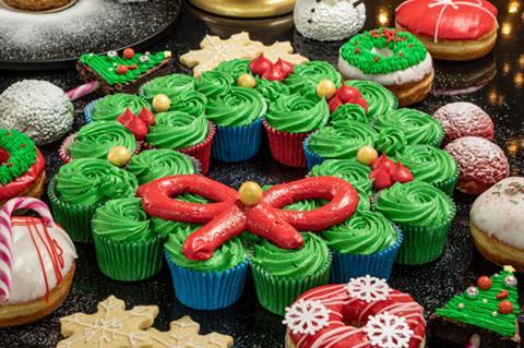 Lots of Christmas cakes, doughnuts, and sweet treats