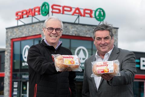 Bertie’s Bakery founder Brian McErlain (left) and Nigel Dugan, trading controller at Henderson Wholesale hold up the new high-protein rolls
