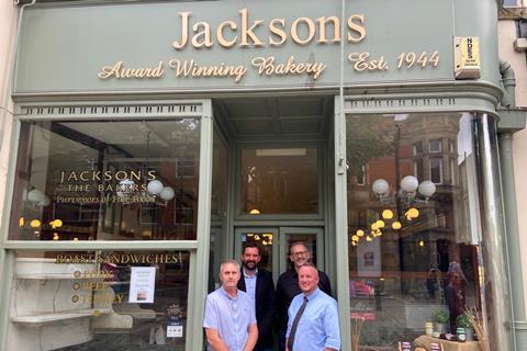 L-R Former owner Phil Allen, business advisers Andrew Fielder and Andrew McDaid, and Lifft Group director Giles Allen stand infront of the Jacksons The Baker shop in Chesterfield   2100x1400