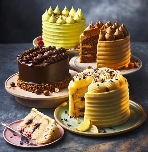 Four M&S cakes, which have been inspired by artisan bakeries, in pistachio, lemon, chocolate, and caramel flavours