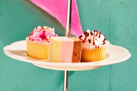 Cupcakes on a cake stand with Neapolitan ice cream