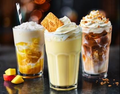 M&S Cafe Iced Almond Croissant Latte Iced drinks Custard Cream Milkshake Mango & Coconut Cooler