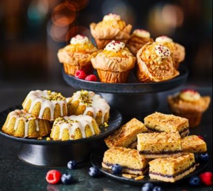 M&S Cafe Pistachio mini bundt Raspberry and Clotted Cream Muffin Lemon and Blueberry Bakewell slice