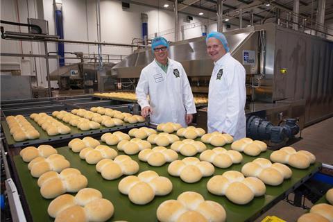 Mandy Jones - Jones Village Bakery head of operations Andy Beckett left and CEO Simon Thorpe at the new roll line in the main Wrexham site