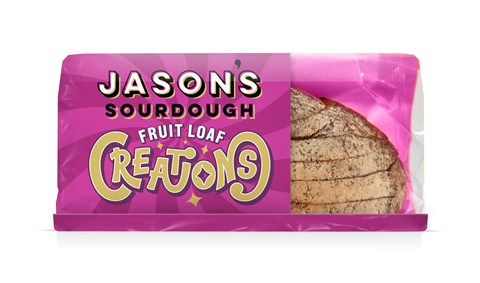 Jason's Sourdough Creations Fruit Loaf in purple and pink packaging