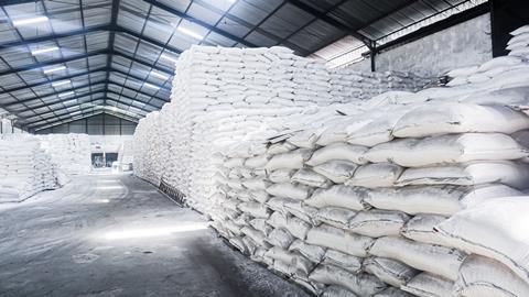 Sacks of flour in a warehouse