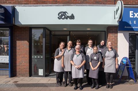 Birds Bakery - Retail team stand outside the shop in West Bridgford near Nottingham