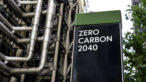A sign outside a factory saying Zero Carbon 2040