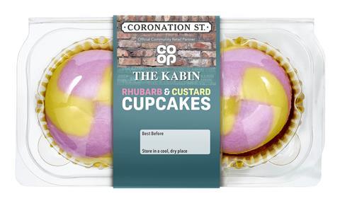 Pink and yellow cupcakes in Coronation Street themed packaging