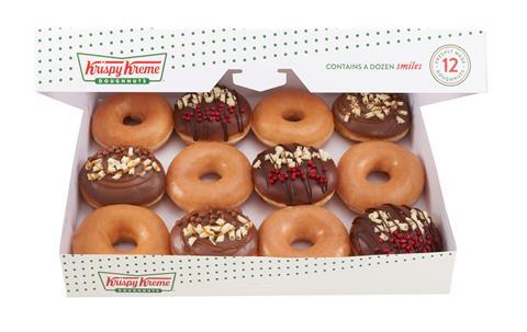 A box of 12 Krispy Kreme doughnuts, some original glazed and some decorated with chocolate