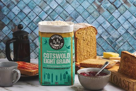 Matthews Cotswold Flour Regenerative eight grain flour next to jam and toast
