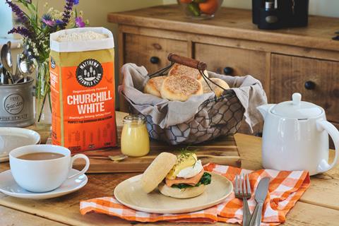 Matthews Cotswold Flour Regenerative Churchill flour next to homemade English muffins