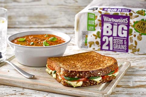 A toasted sandwich, bowl of soup and Warburtons 21 Seeds & Grains Bread