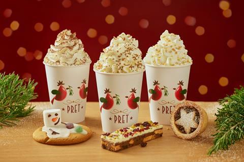 Pret Christmas coffees, chocolate tiffin, mince pies, and gingerbread