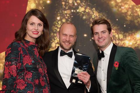 Andy Thomas at the Baking Industry Awards 2024 with host Ellie Taylor and Macphie’s sustainability director Edward Widdowson