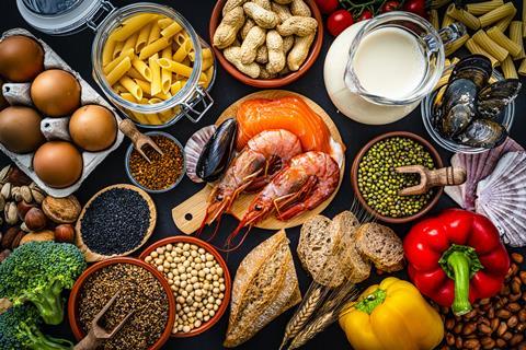 A selection of the most common food allergens including shellfish, gluten, dairy, and nuts