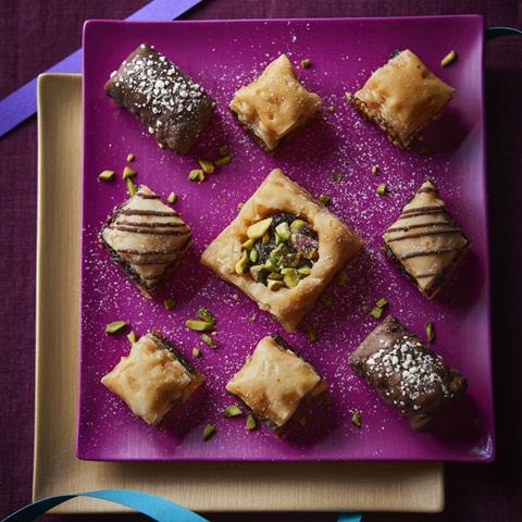 Baklava on a pink plate