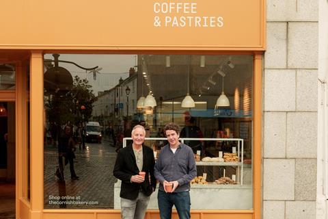 Cornish Bakery founder Steve Grocutt (left) stands with Origin Coffee founder Tom Sobey outside of the Cornish Bakery shop in Truro - 2100x1400