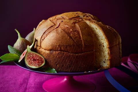 Waitrose Parmesan Panettone on a pink cake stand