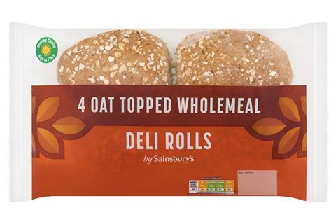 Sainsbury's - Oat Topped Wholemeal Deli Rolls with the new High in Fibre logo on packaging - 2100x1400