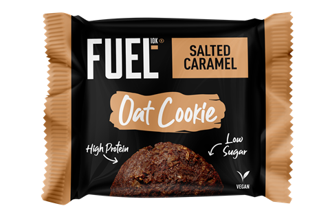 A Salted caramel oat cookie in packaging