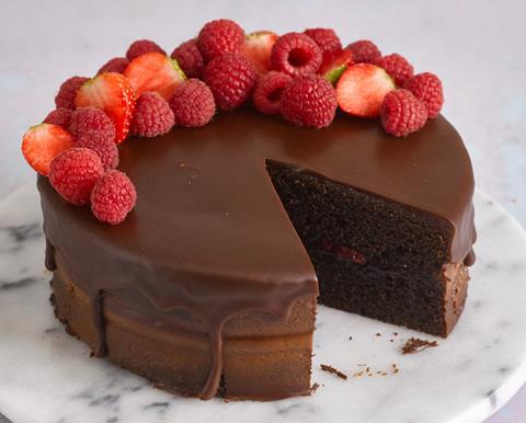 Reduced Sugar Chocolate Cake with berries on top