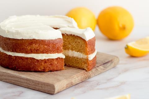 A lemon sandwich cake made with Oggs egg replacement