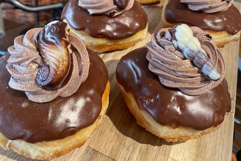 Doughnuts with chocolate glaze, chocolate frosting and chocolate seashells on top