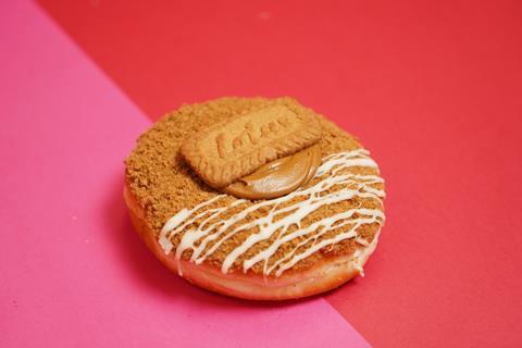 A doughnut with Biscoff biscuit on top
