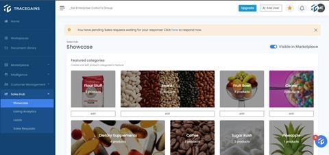 Screenshot of the showcase tab on TraceGains' Sales Hub platform  1340x632