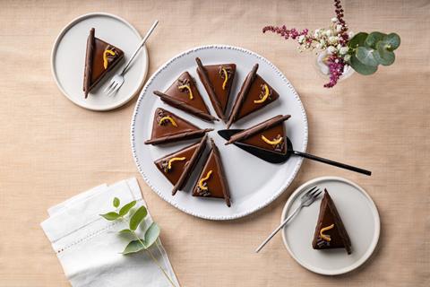 Chocolate cake cut into portions