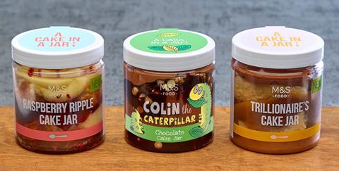 M&S cake jars in raspberry ripple, Colin the Catepillar and Trillionaire's flavours