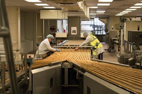 Two operatives working on an Elkes Biscuits manufacturing line