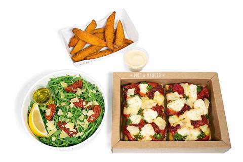 Pret Pizza combo with salad and sweet potato wedges